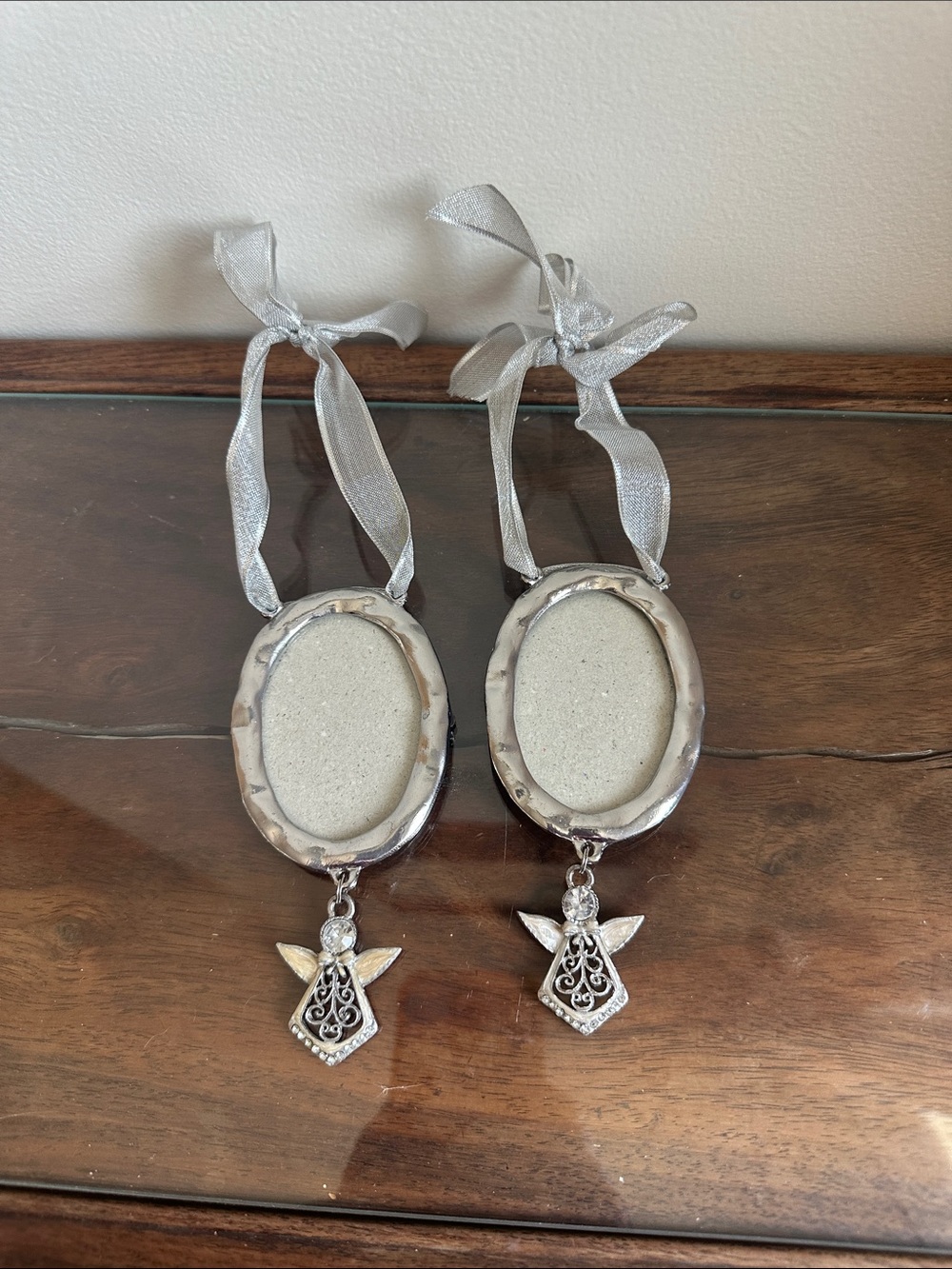 Silver-Tone Oval Photo Frame Ornaments with Guardian Angel Charms - Set of 2